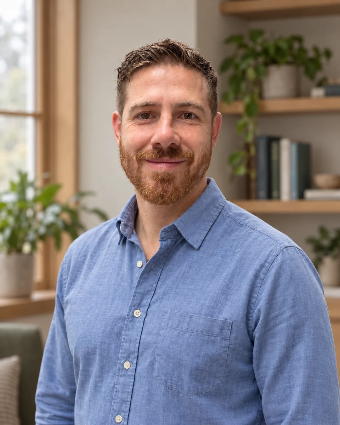 Dr. Mark Hilmy, board-certified internal medicine physician and founder of Hilmy Health, in a blue shirt beside timber shelving in soft window light